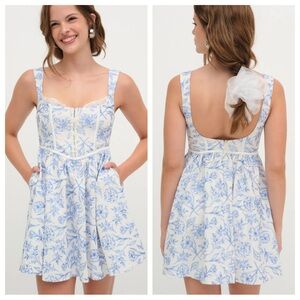 For Love & Lemons Maisie Linen Blend Mini Dress in Blue Floral Size Medium NWT
